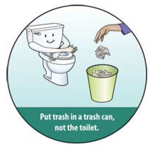 image of a toilet and a hand throwing away a piece of refuse